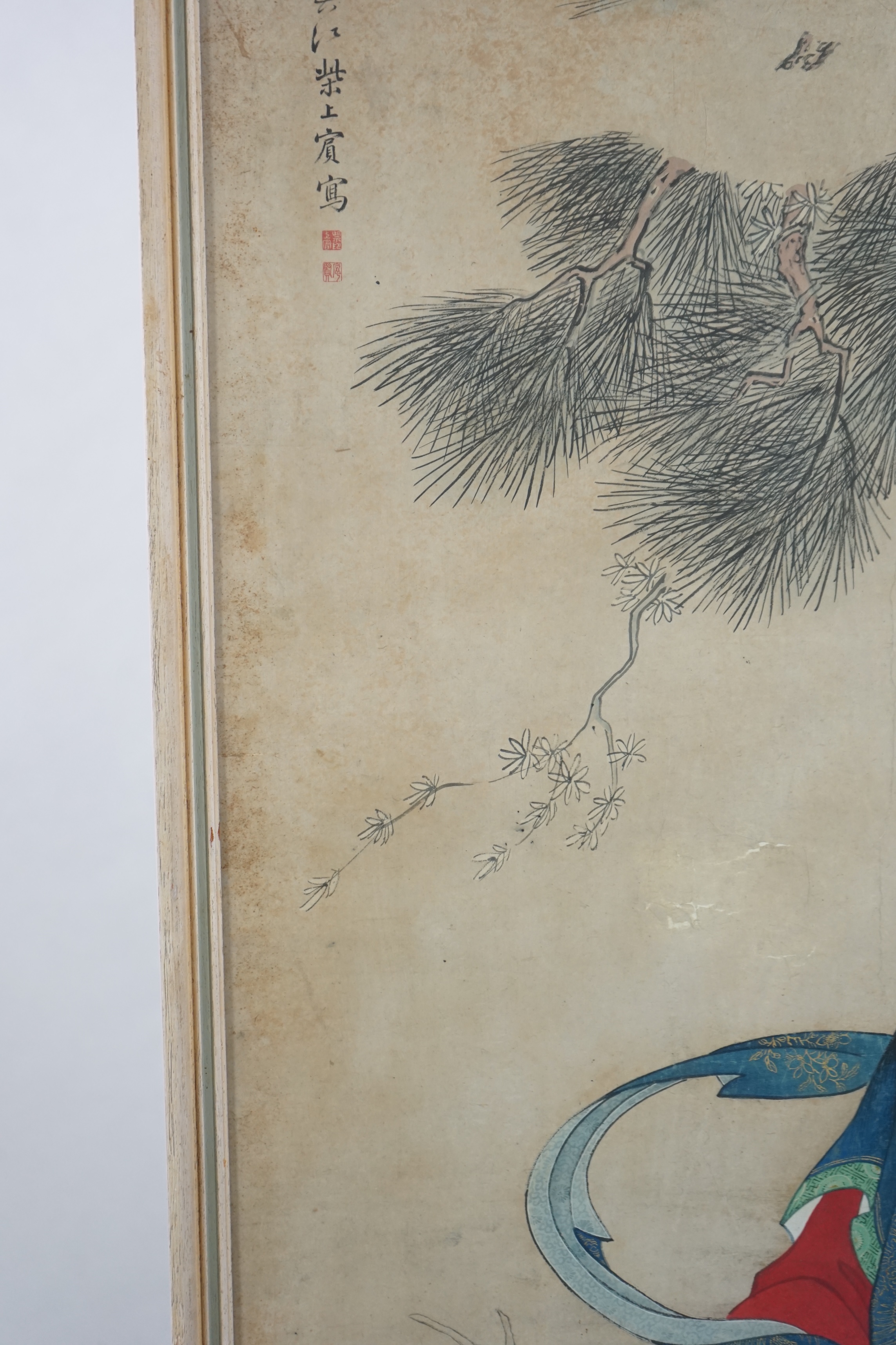 Chinese School, 19th century, a large ink and colour on paper, depicting the Daoist immortal Magu and a deer